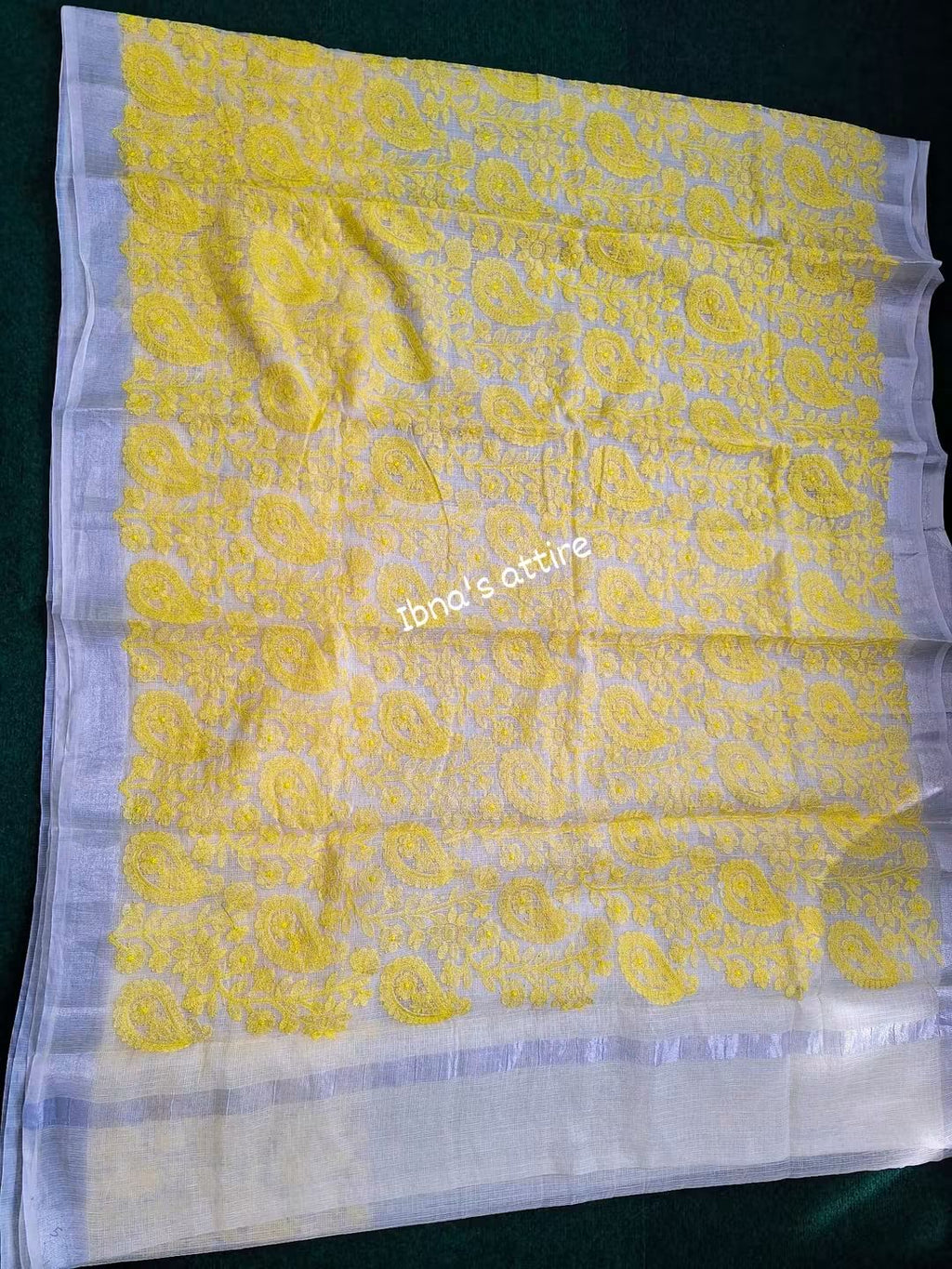 Pure Kota Saree with All-Over Lucknowi Chikankari Work & Cotton Block Printed Blouse Piece
