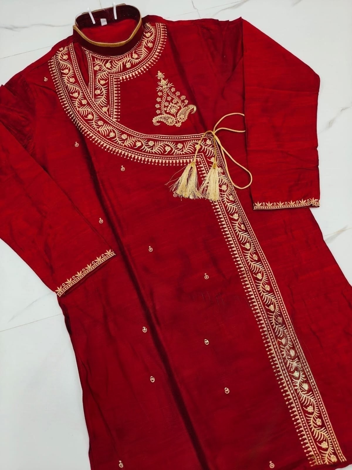 Men's Silk Angrakha Kurta Panjabi with Zari Embroidery & Tassels | Crimson Maroon (Sizes 40, 42)