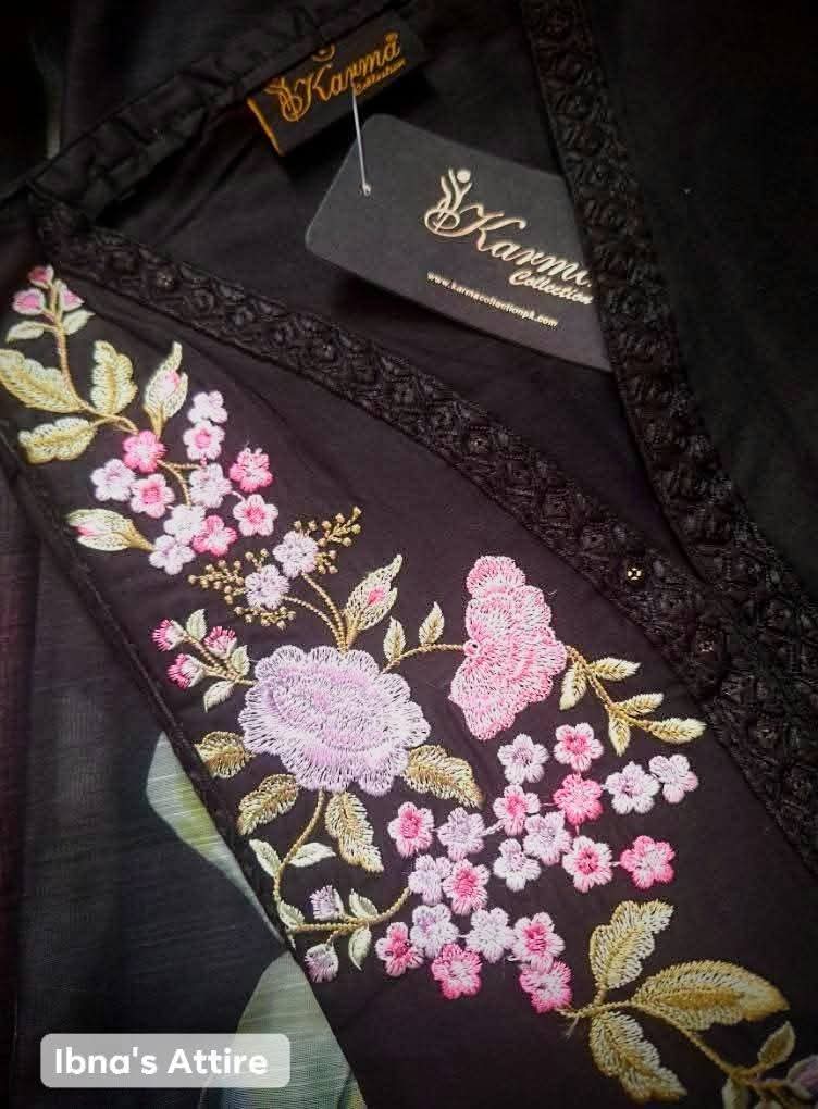 Karma ChikanKari Pakistani Lawn 3-Piece Suit | Black Floral Printed Khaddi Dupatta Set (Size- 38)
