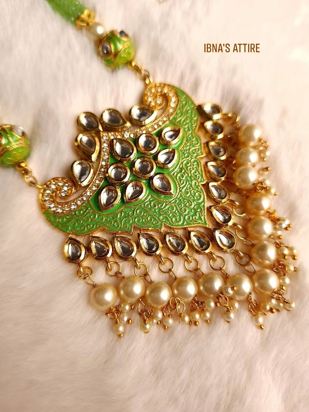 Traditional Mint Green Kundan Pearl Mina Work Necklace Set with Matching Earrings