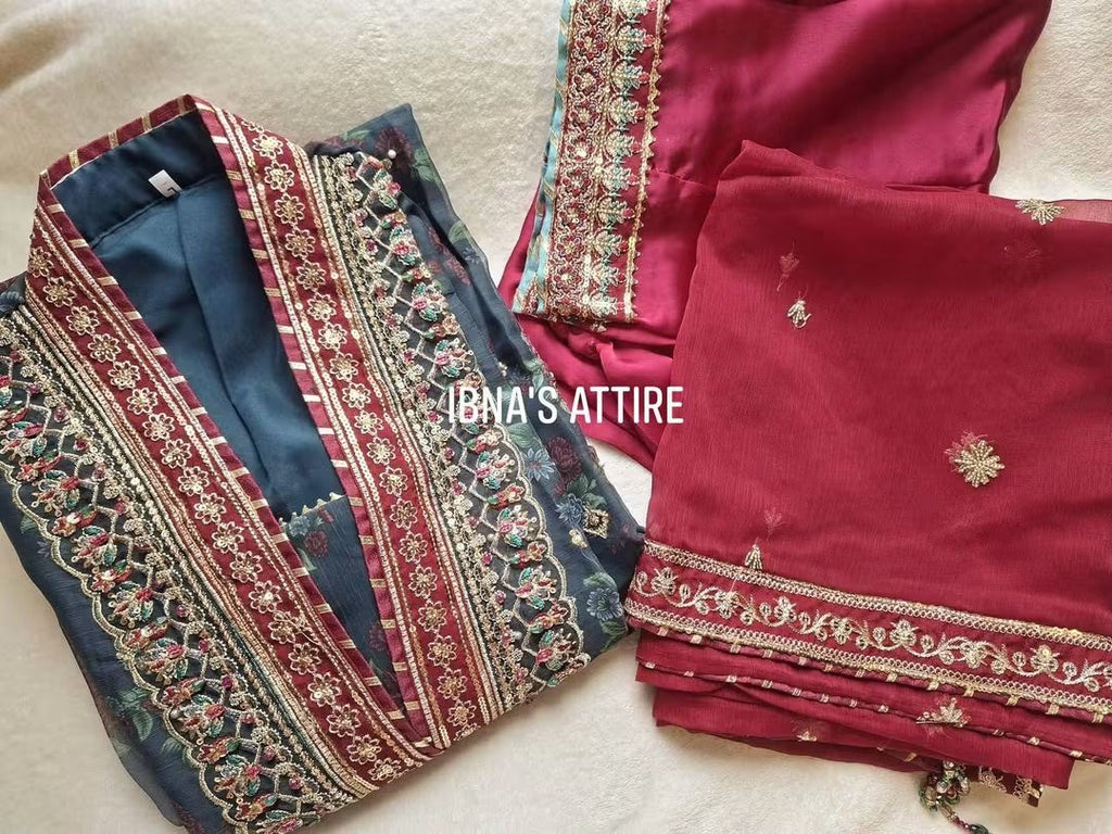 Party Wear 3-Piece Pakistani Chiffon Suit in Dark Teal with Digital Print, Sequins, Gota Work, Silk Trouser, and Embroidered Dupatta (Size- 44)