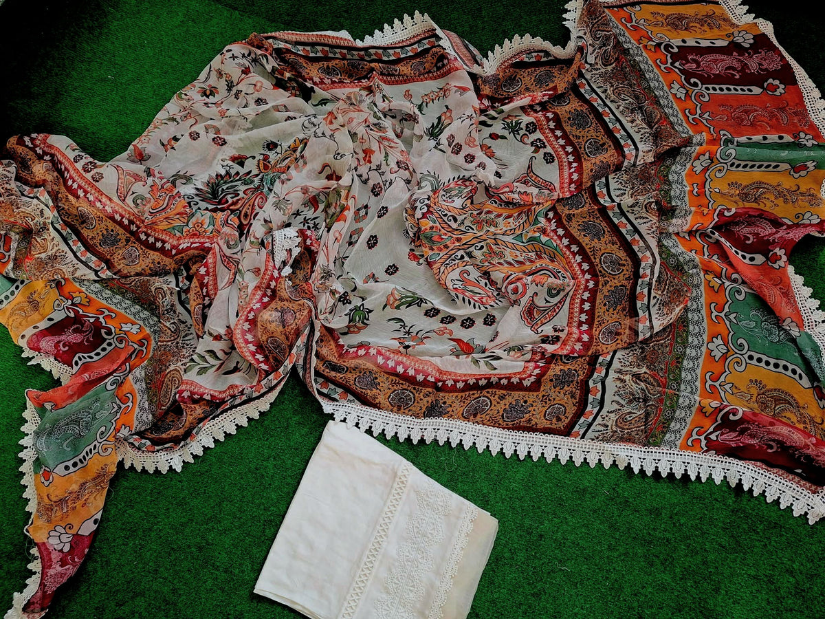 Gul Adhar Luxury Chikankari Collection - White Slub Lawn Shirt, Cambric Trouser, and Digital Printed Chiffon Dupatta-(Size: 40 & 50)