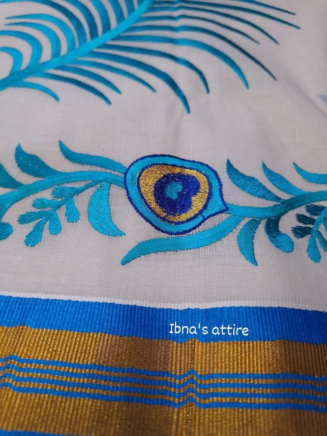 Traditional Kerala Kasavu Cotton Saree with Peacock Feather Embroidery & Running Blouse Piece