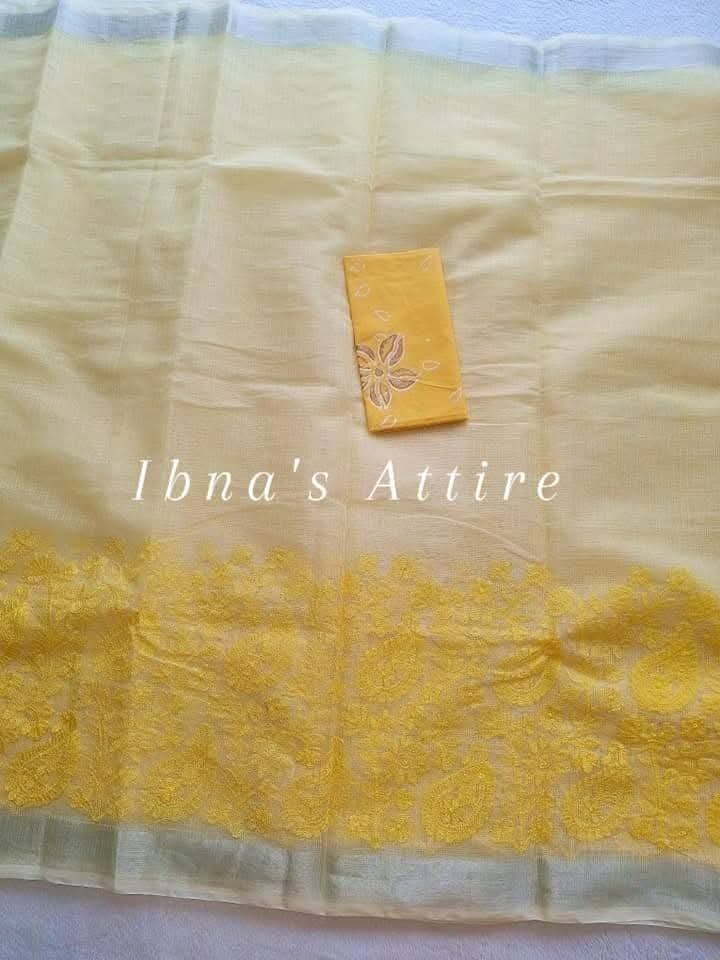 Pure Kota Saree with All-Over Lucknowi Chikankari Work & Cotton Block Printed Blouse Piece