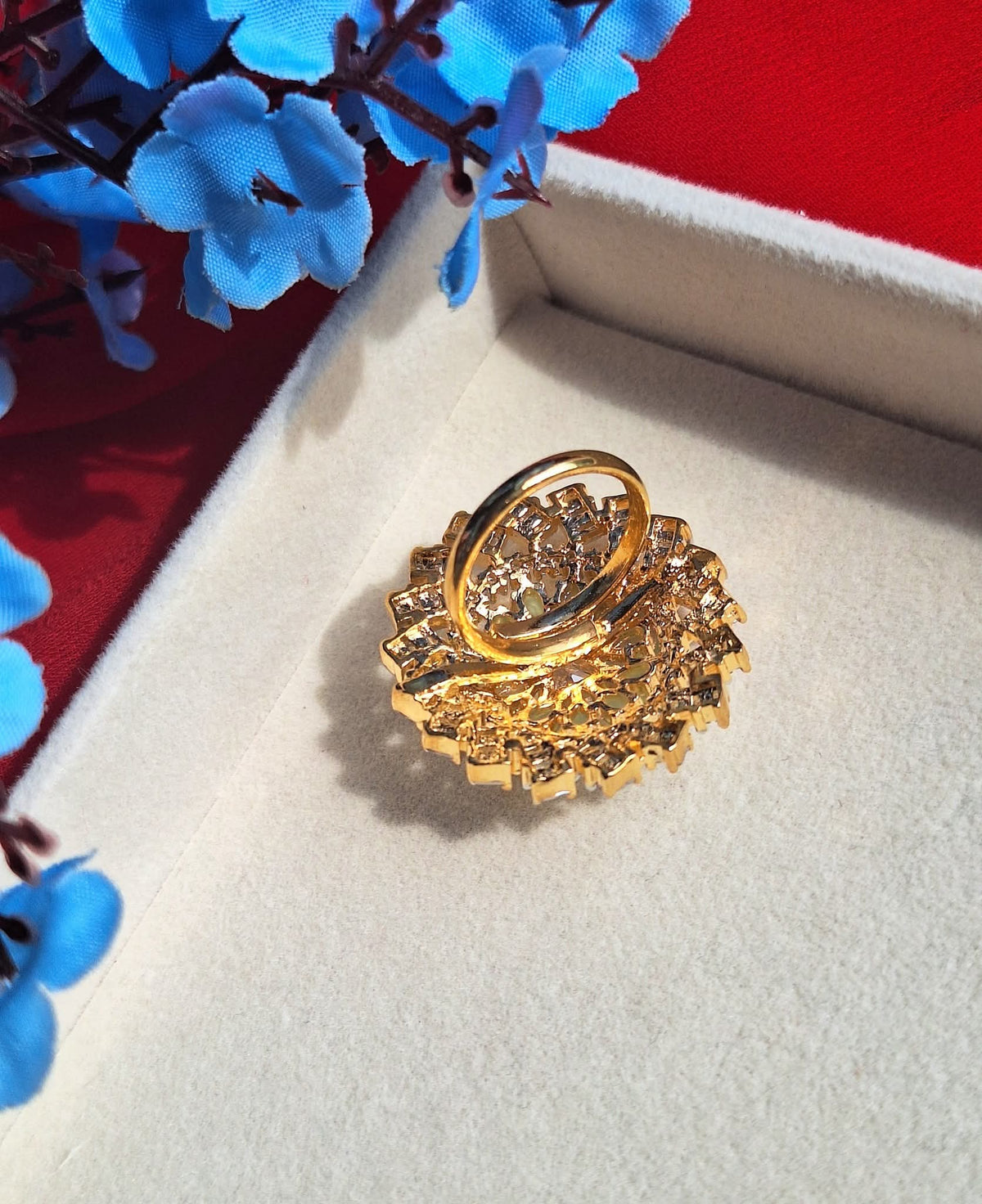 Gold Plated AD Adjustable Statement Ring - Mint Green and Clear CZ Cluster Design