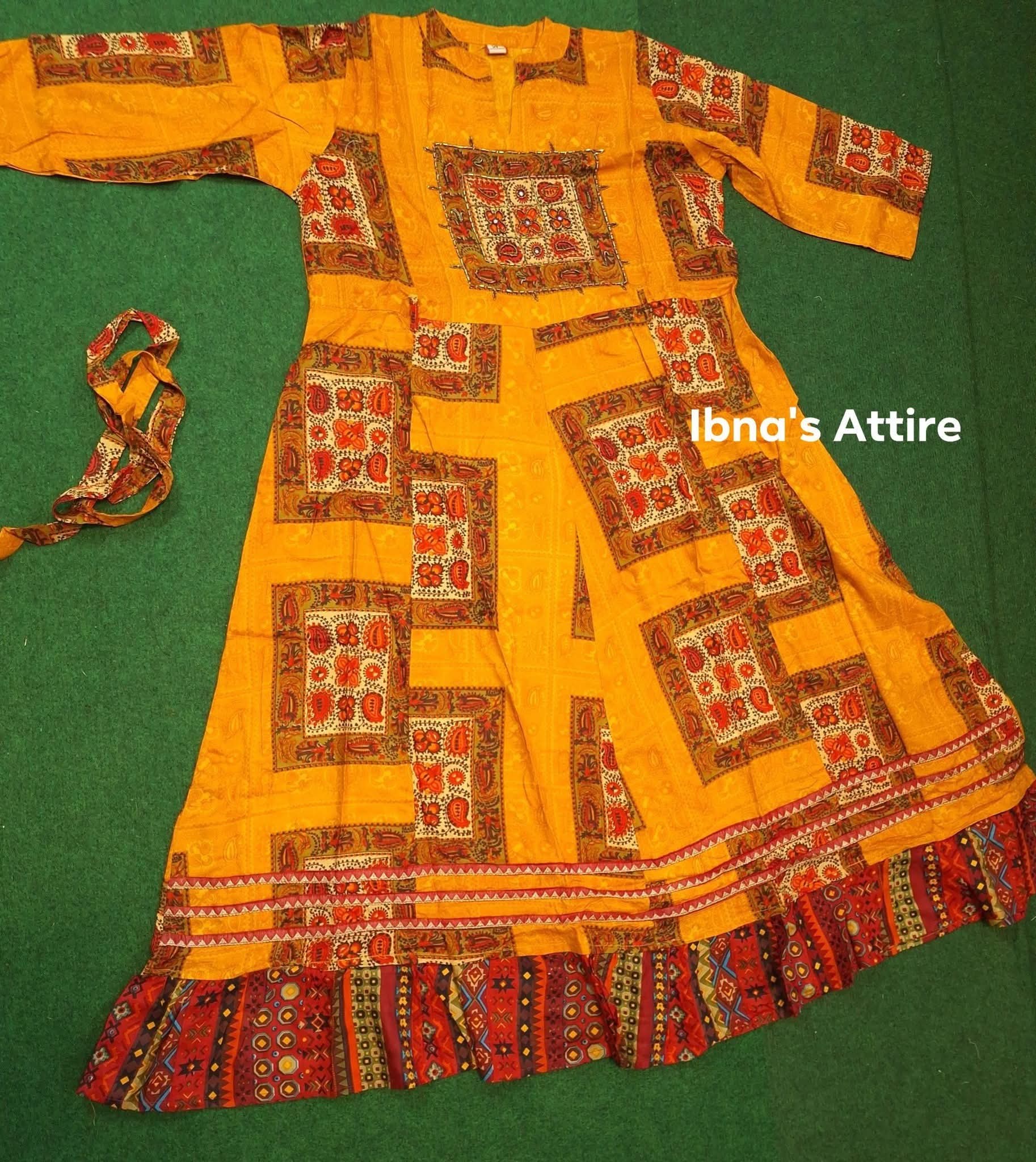 Summer Special Hand Katli Work Mustard Yellow Rayon Silk Long Gown (Length:48.5")