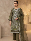 A woman models a Embroidered Festive 3-Piece Kurta Set in Zimmy Choo fabric and olive green color Multi-media detailing including 3D flowers, stonework, and fine zari threadwork.