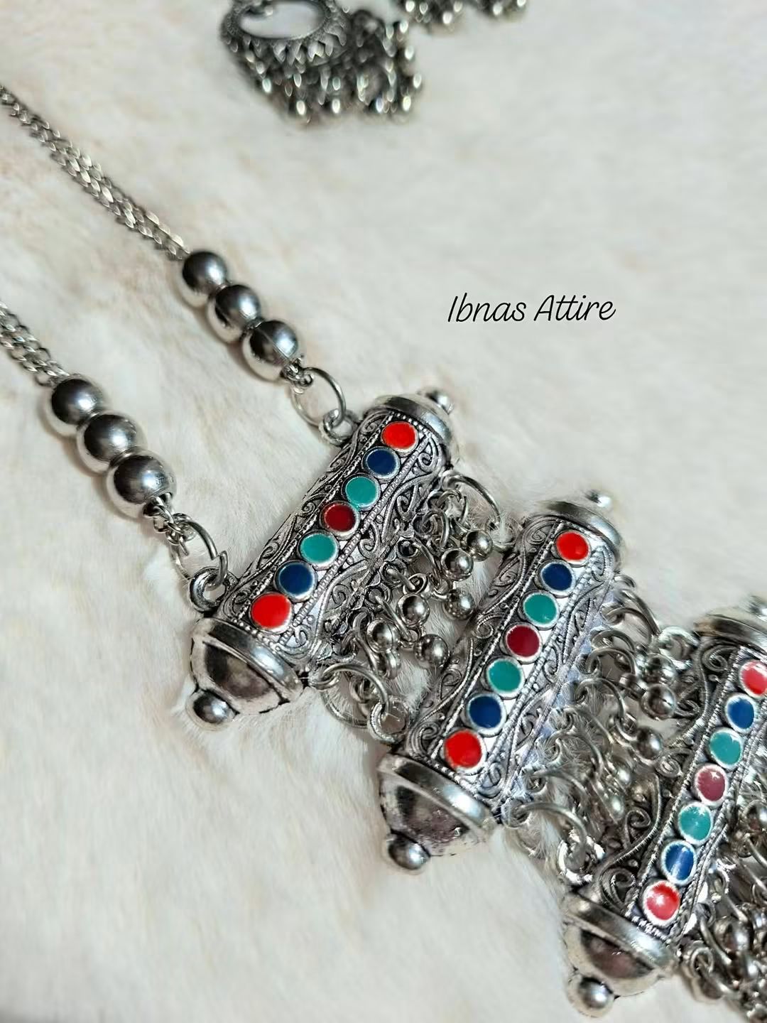 Boho-Chic Oxidized Silver Long Layered Necklace and Earrings Set with Multi-Color Enamel Detailing and Tassels