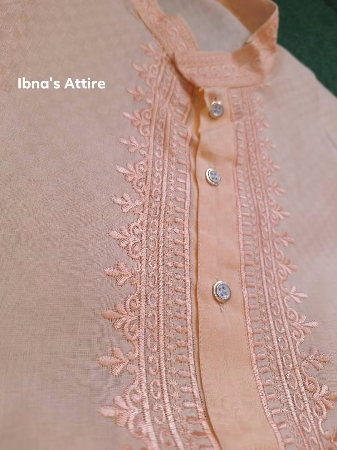Summer-Friendly 100% Handloom Cotton Panjabi for Men in Light Peach with Self Jacquard Weave and Neckline Embroidery (Size- 40 & 42)
