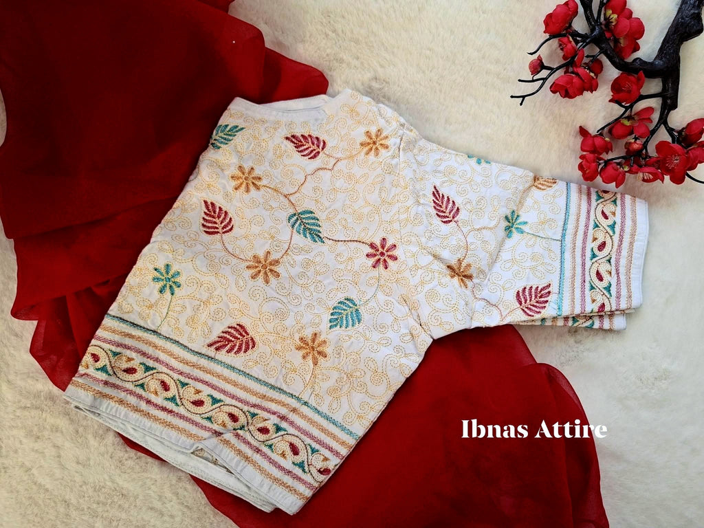 Handcrafted Kantha Stitch Malai Cotton Readymade Blouse | White Embroidered Saree Blouse (Size-40) (Free size alteration available from 36 to 42 size)