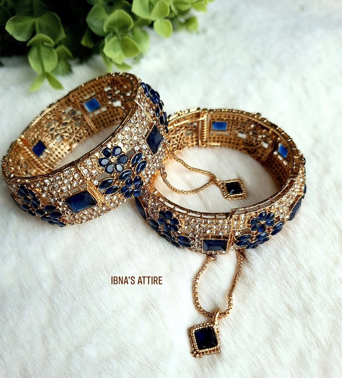 American Diamond Gold-Plated Openable Bangle Pair | Royal Blue Cubic Zirconia Statement Kada Bangles (Size 2.6)