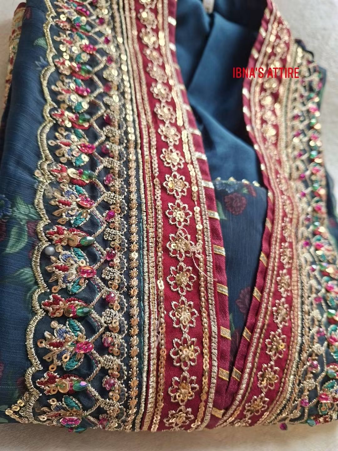 Party Wear 3-Piece Pakistani Chiffon Suit in Dark Teal with Digital Print, Sequins, Gota Work, Silk Trouser, and Embroidered Dupatta (Size- 44)