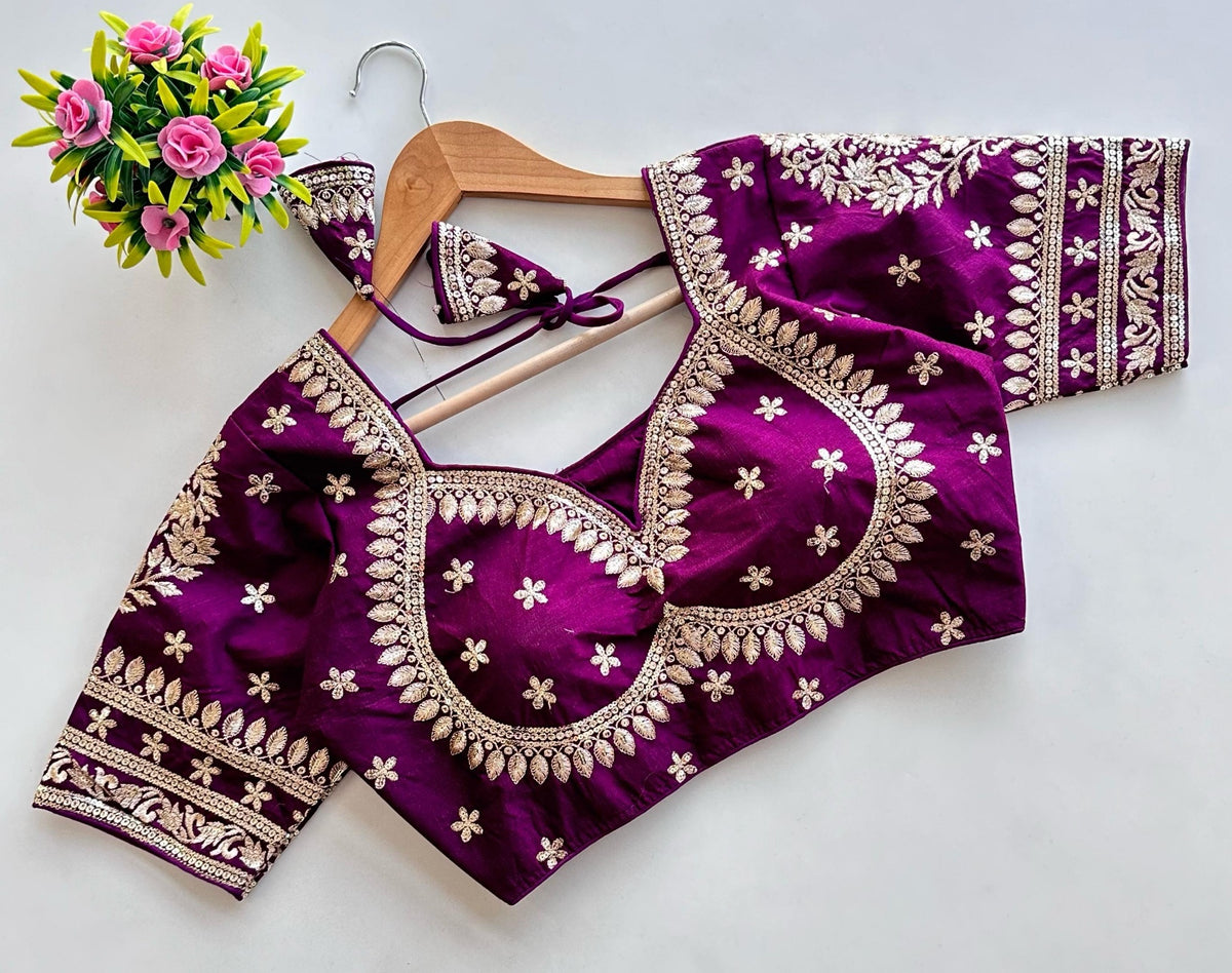Designer Readymade Vichitra Silk Blouse with Golden Zari & Sequence Embroidery in (3 Colors)(Size-40)-(Free Size Alteration Available From 38 to 42 Size)