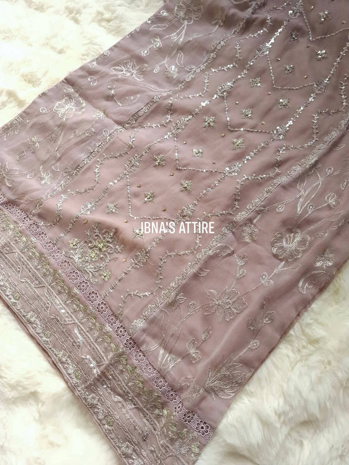 Aghanoor Chiffon Heavy Hand-Embellished 3-Piece Suit | Mauve & Mint Green Designer Festive Wear (Size-44)