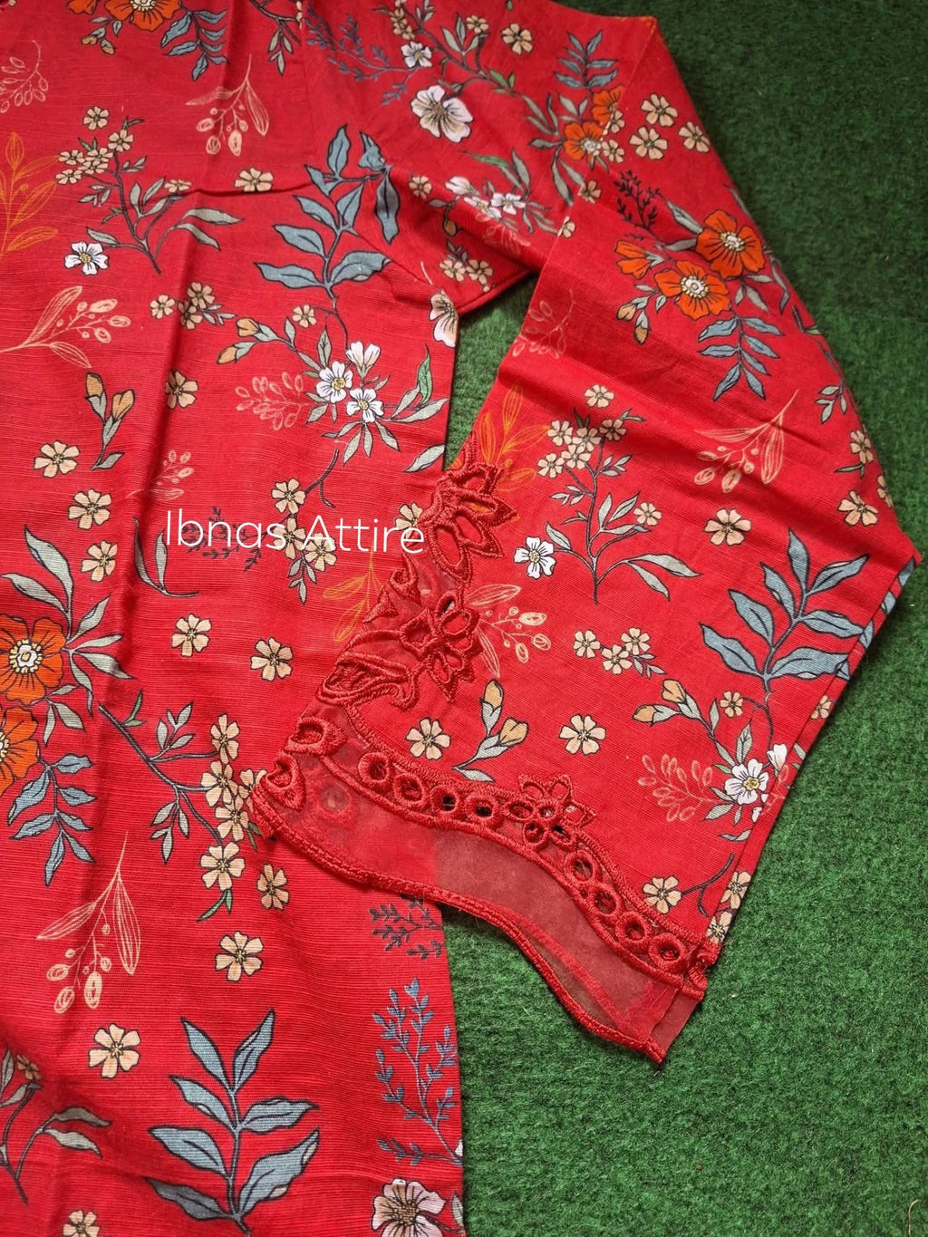 Sadabahar Pakistani Winter Lawn 3-Piece Suit | Red Floral Printed Kurta with Cutwork & Dupatta (Size- 38) (Loose fit)