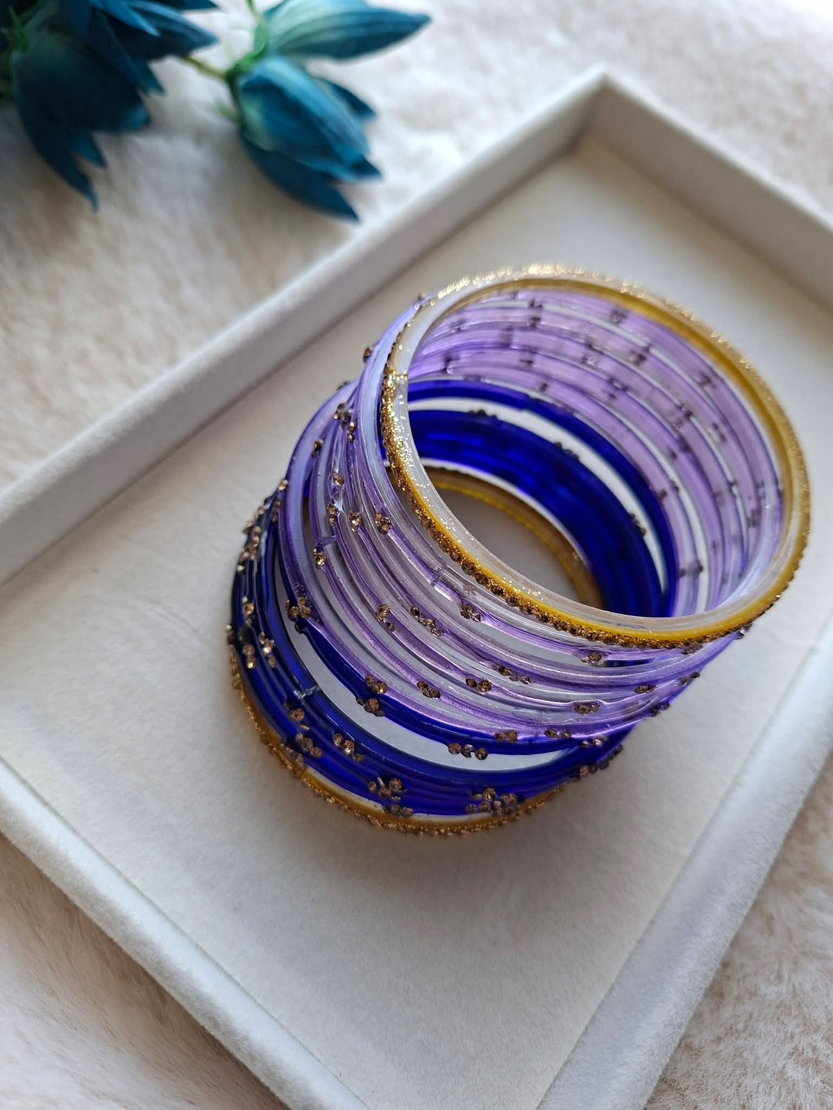 Lavender & Royal Blue Glass Bangle Set with Golden Rhinestones & Edge Kada (12-Piece Set) | Traditional Indian Glass Bangles (Size 2.8)