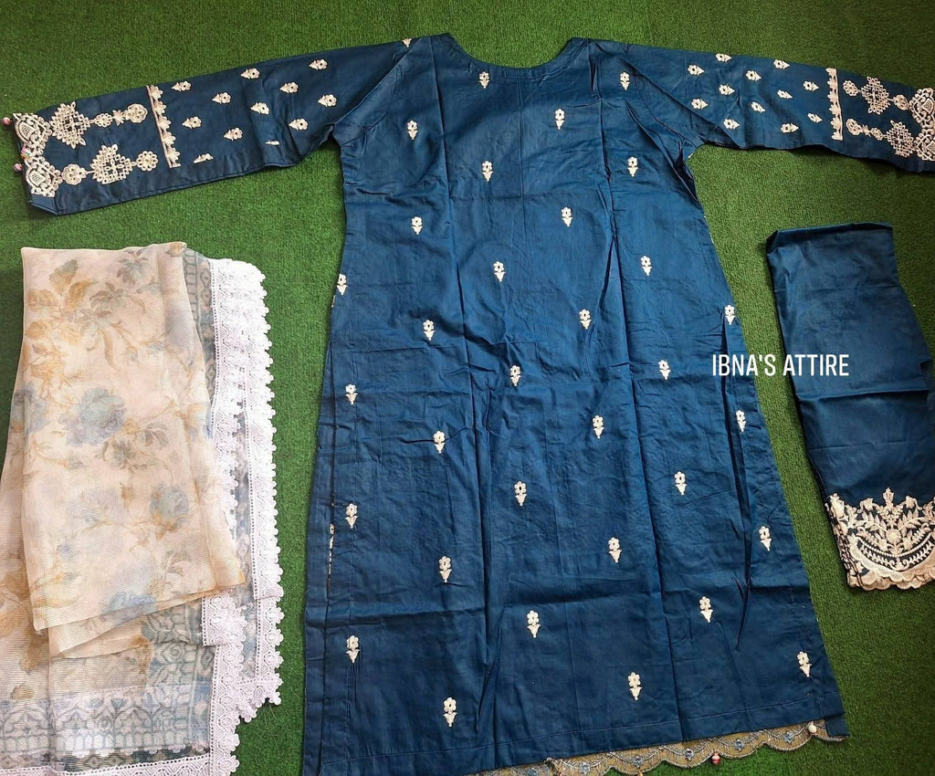 Premium Teal Blue Pakistani Pure Cotton Three-Piece Suit