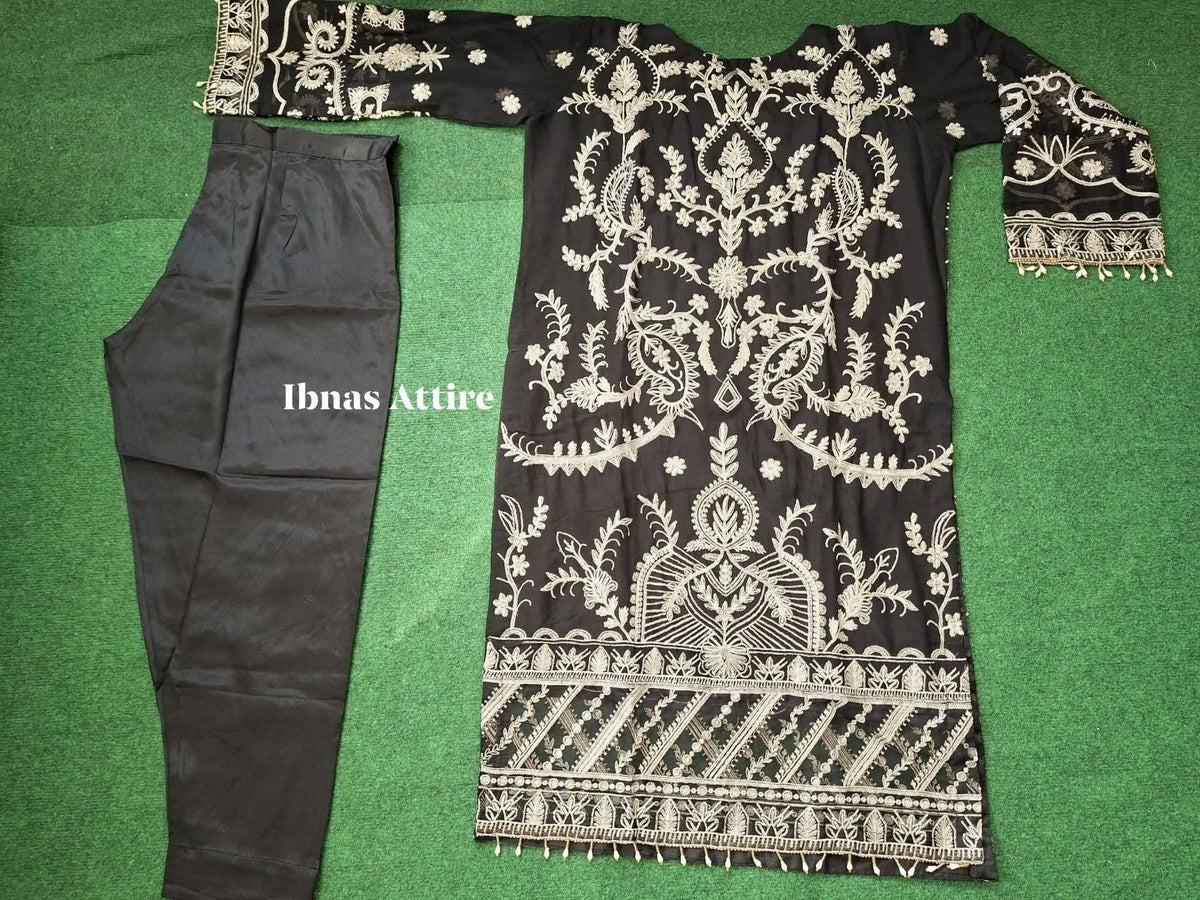 Agha Jaan Designer Black Chiffon Sequins Embroidered 3-Piece Suit | Plus Size Festive Wear (Size- 46)