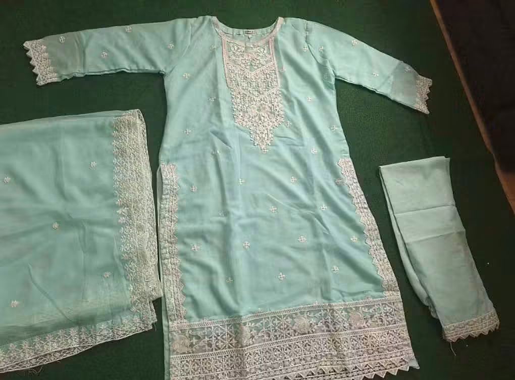 Pakistani Designer Softy Chiffon Three-Piece Suit with Heavy Sequence Embroidery & Soft Silk Pants (Size- 46)