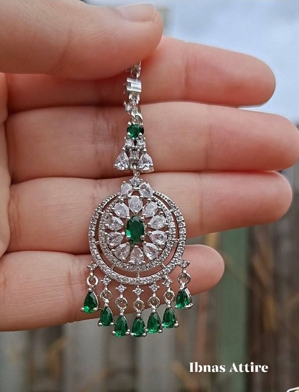American Diamond Maang Tikka with Emerald Green Accents | Silver Finish Designer Headpiece