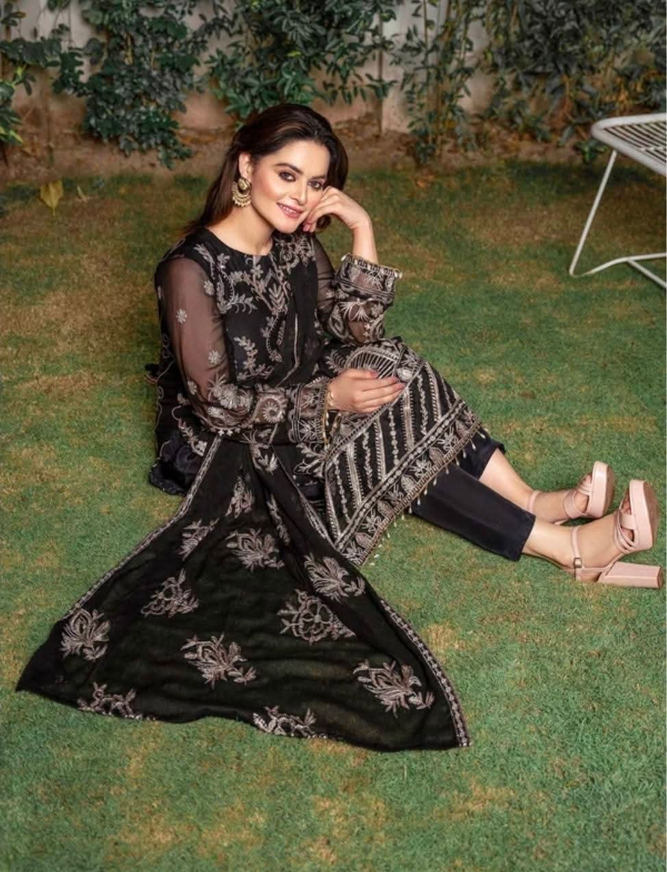 Agha Jaan Designer Black Chiffon Sequins Embroidered 3-Piece Suit | Plus Size Festive Wear (Size- 46)