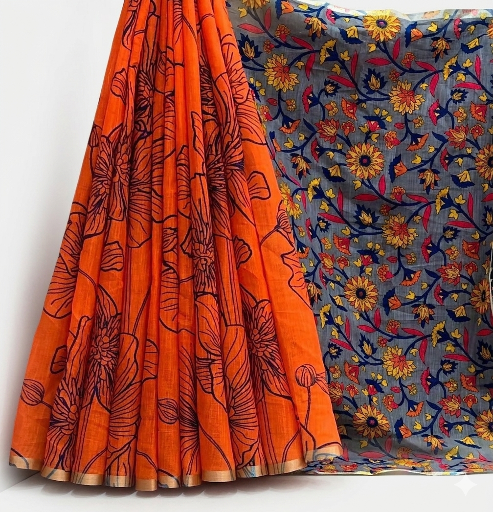 Soft linen floral Saree -burnt orange