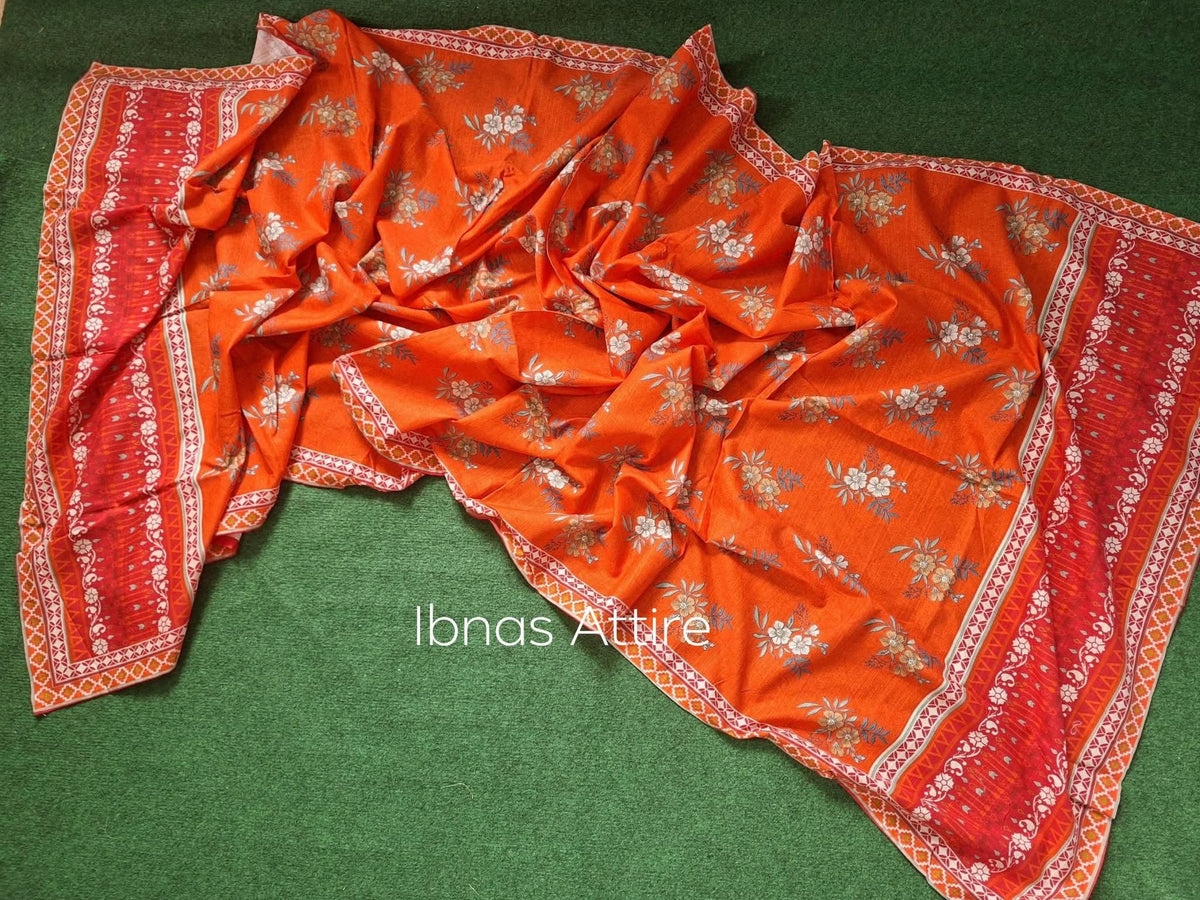 Sadabahar Pakistani Winter Lawn 3-Piece Suit | Red Floral Printed Kurta with Cutwork & Dupatta (Size- 38) (Loose fit)