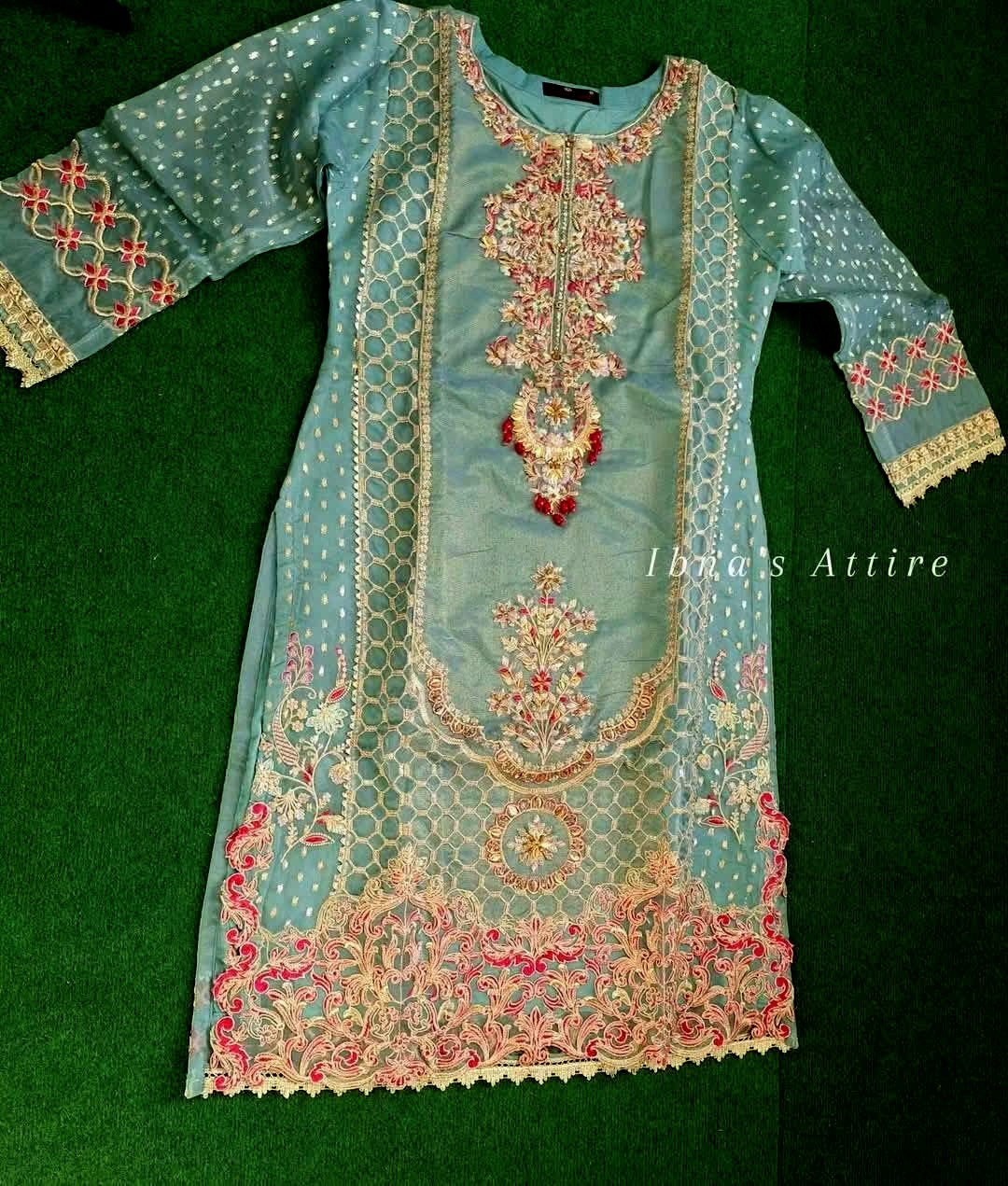 Zahar Rubab Designer Pakistani Eid Outfit | Acqua Blue- Masoor Kurta with Net Dupatta & Banarasi Gharara (Size-42)