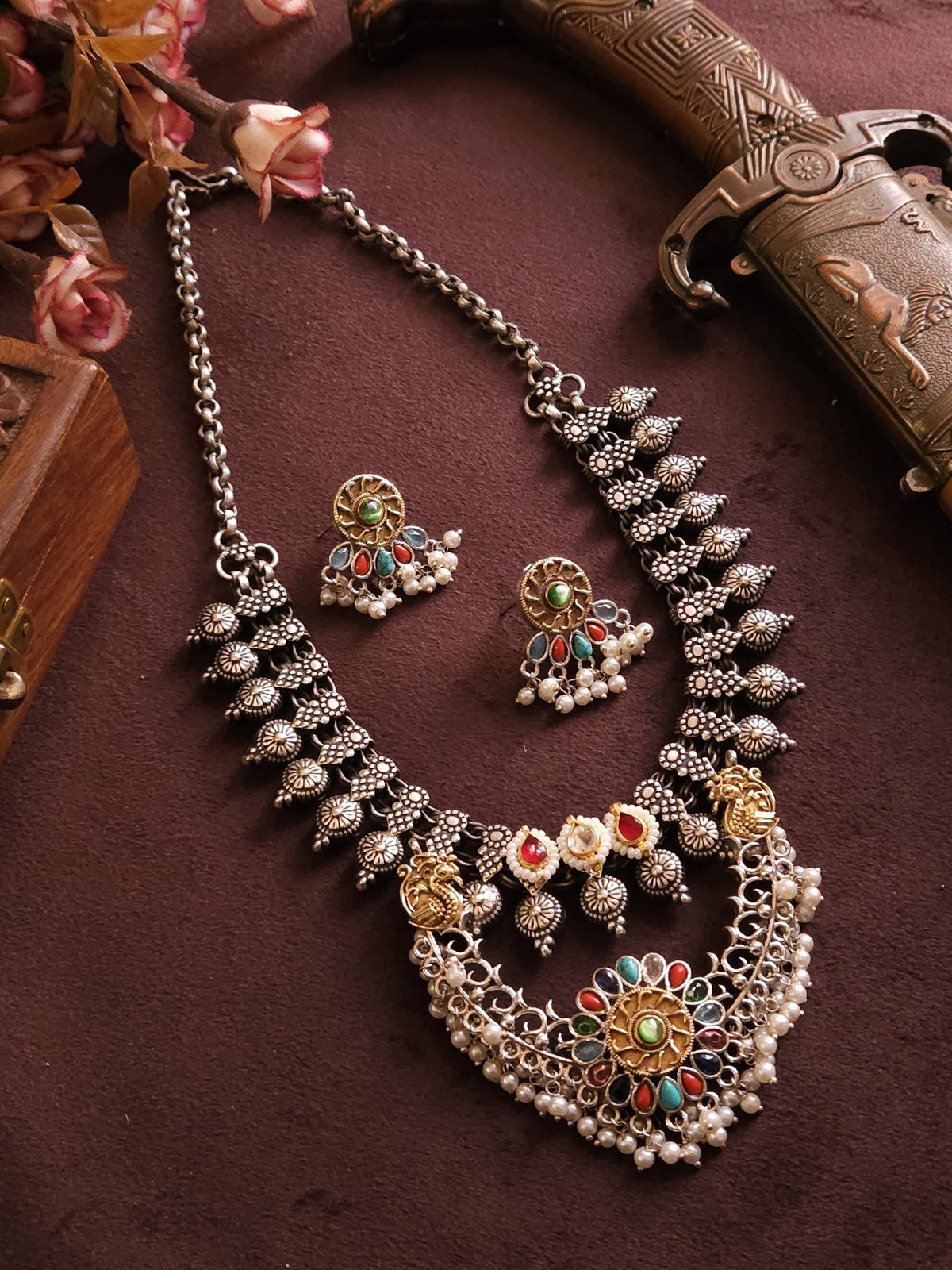Handcrafted German Silver Statement Necklace Set with Multicolor Monalisa Stones & Matching Earrings