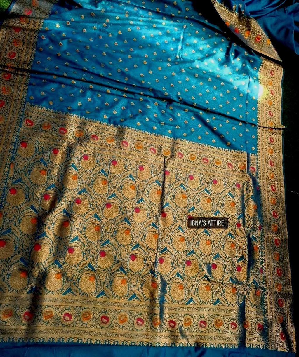 Dual Tone Banarasi Katan Silk Saree | Teal Blue & Navy Blue All-Over Mina Work with Blouse Piece