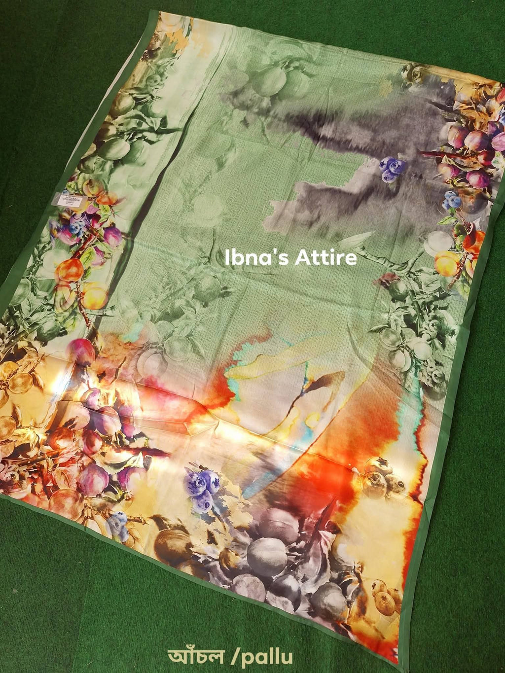 Swiss satin silk saree - Green