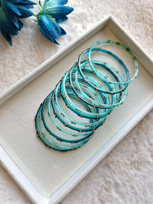 12-Piece Solid Aqua Teal Glass Bangle Stack with Gold Sequin Accents | Ocean Blue-Green Festive Glass Churi Set  (Size 2.8)