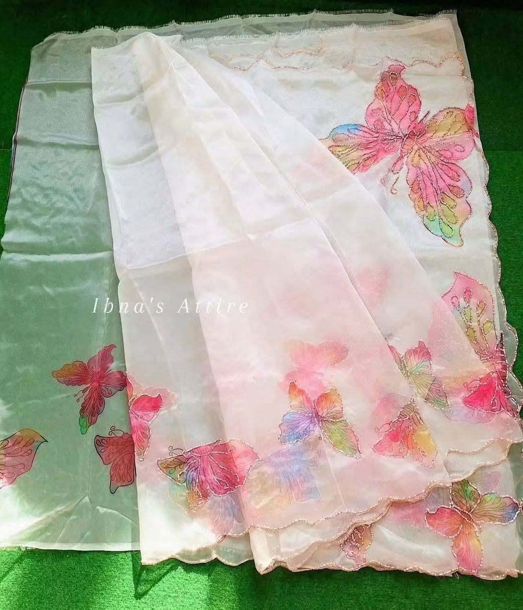 Exquisite Designer Organza Saree with Allover Butterfly Pearl Handwork & Scalloped Cutwork Border | Unstitched Bangalori Silk Blouse