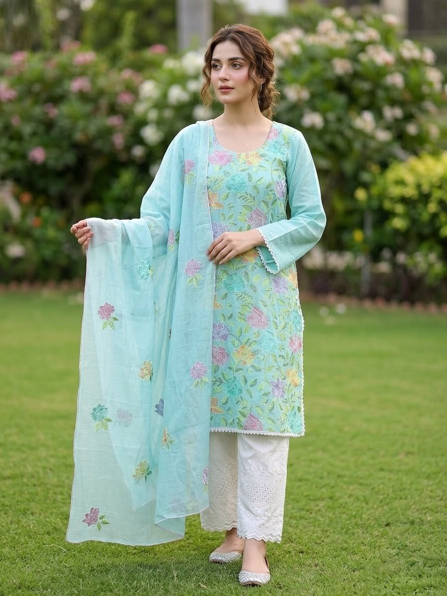 Woman wearing a light blue floral dress with a matching dupatta in an outdoor setting.