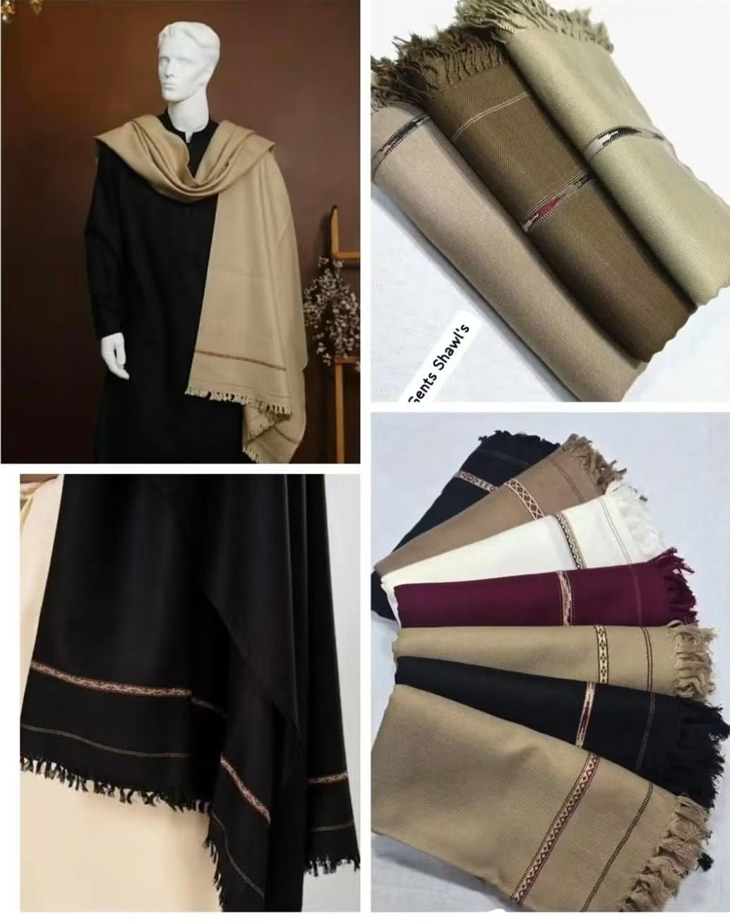 Men's Premium Warm Pashmina Winter Wool Shawl | Black with Woven Border & Tassels (250×130 cm)