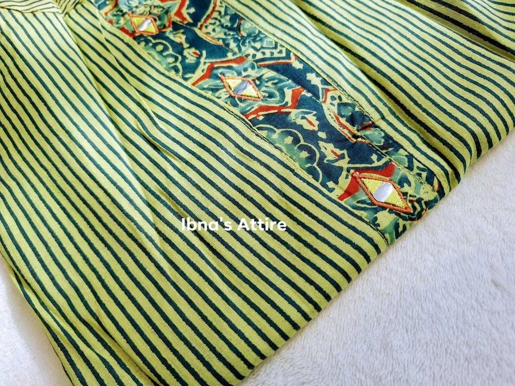Pure Soft Cotton Ajrak Printed 3-Piece Suit with Applique Work - Green Kurti and Matching Cotton Pant & Dupatta (Size- 46)