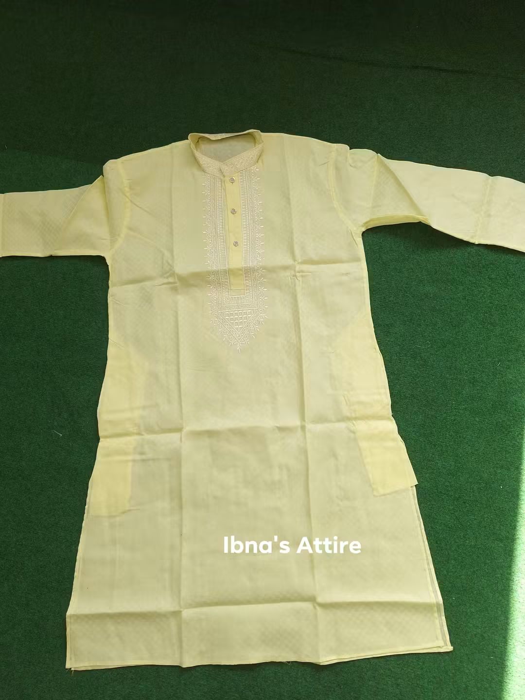 Summer-Friendly 100% Handloom Cotton Panjabi for Men in Soft Lemon Yellow with Self Jacquard Weave and Neckline Embroidery (Size- 40 & 44)