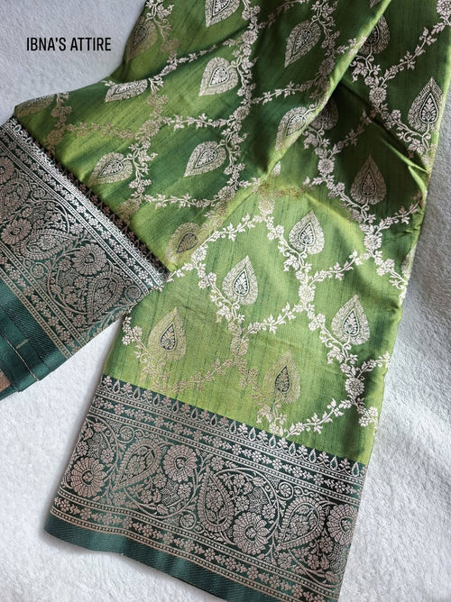 Authentic Banarasi Dual-Tone Mehendi Green Color Muga Katan Silk Saree With Blouse Piece