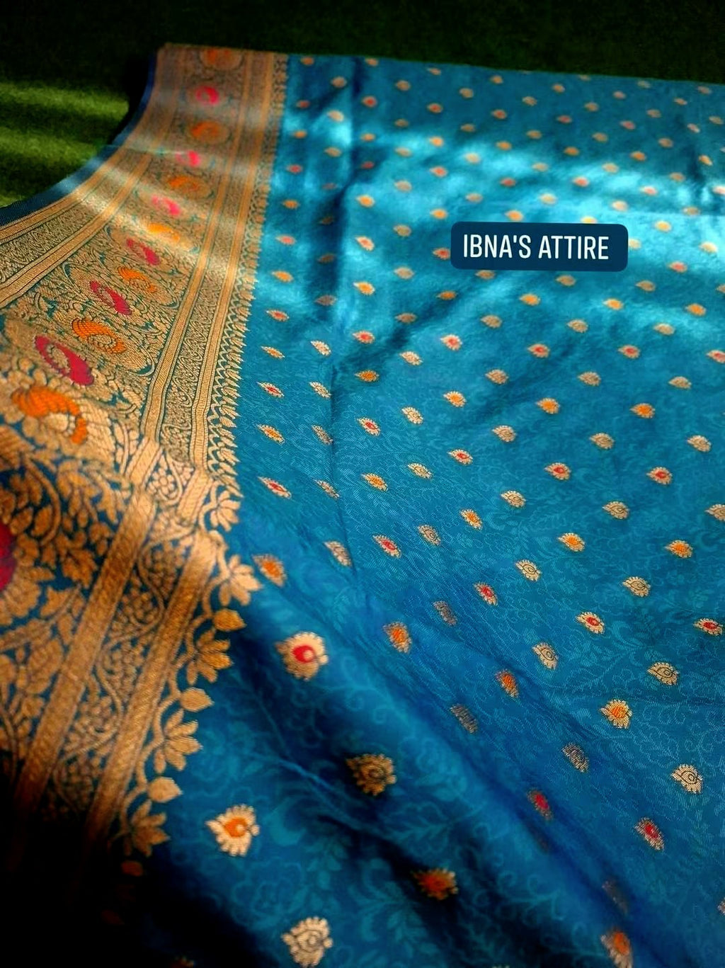 Dual Tone Banarasi Katan Silk Saree | Teal Blue & Navy Blue All-Over Mina Work with Blouse Piece