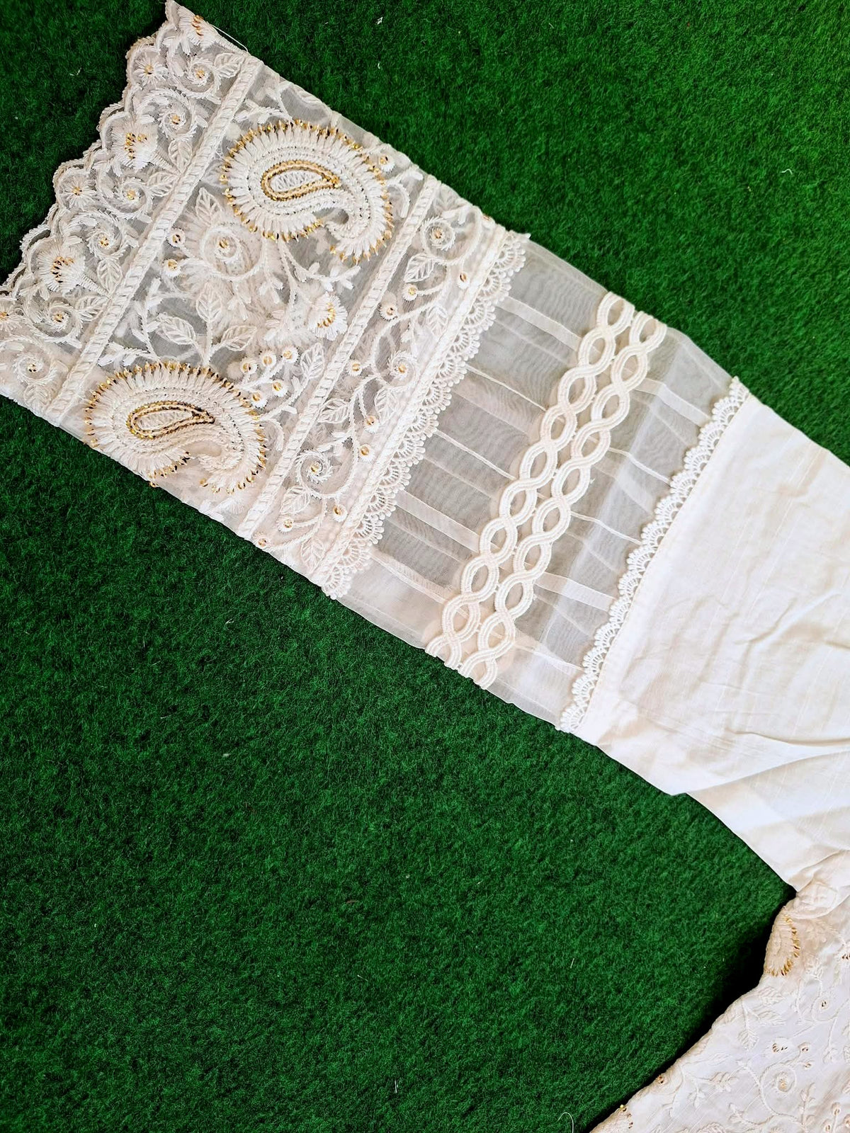 Gul Adhar Luxury Chikankari Collection - White Slub Lawn Shirt, Cambric Trouser, and Digital Printed Chiffon Dupatta-(Size: 40 & 50)