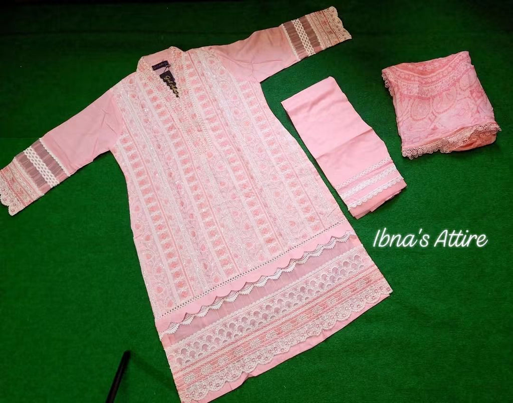 Gul Adhar Slub Lawn Light Pink Chikankari Pakistani Suit with Digital Printed Chiffon Dupatta (Size-42)