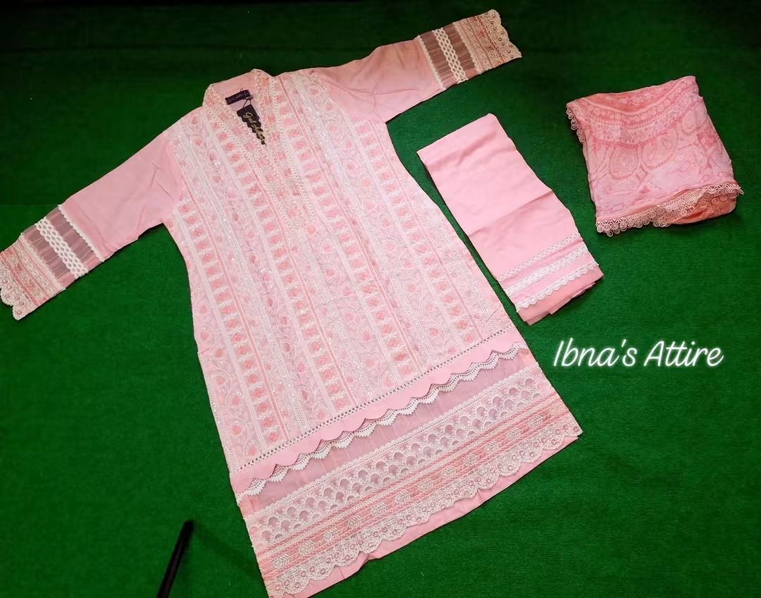 Gul Adhar Slub Lawn Light Pink Chikankari Pakistani Suit with Digital Printed Chiffon Dupatta (Size-42)