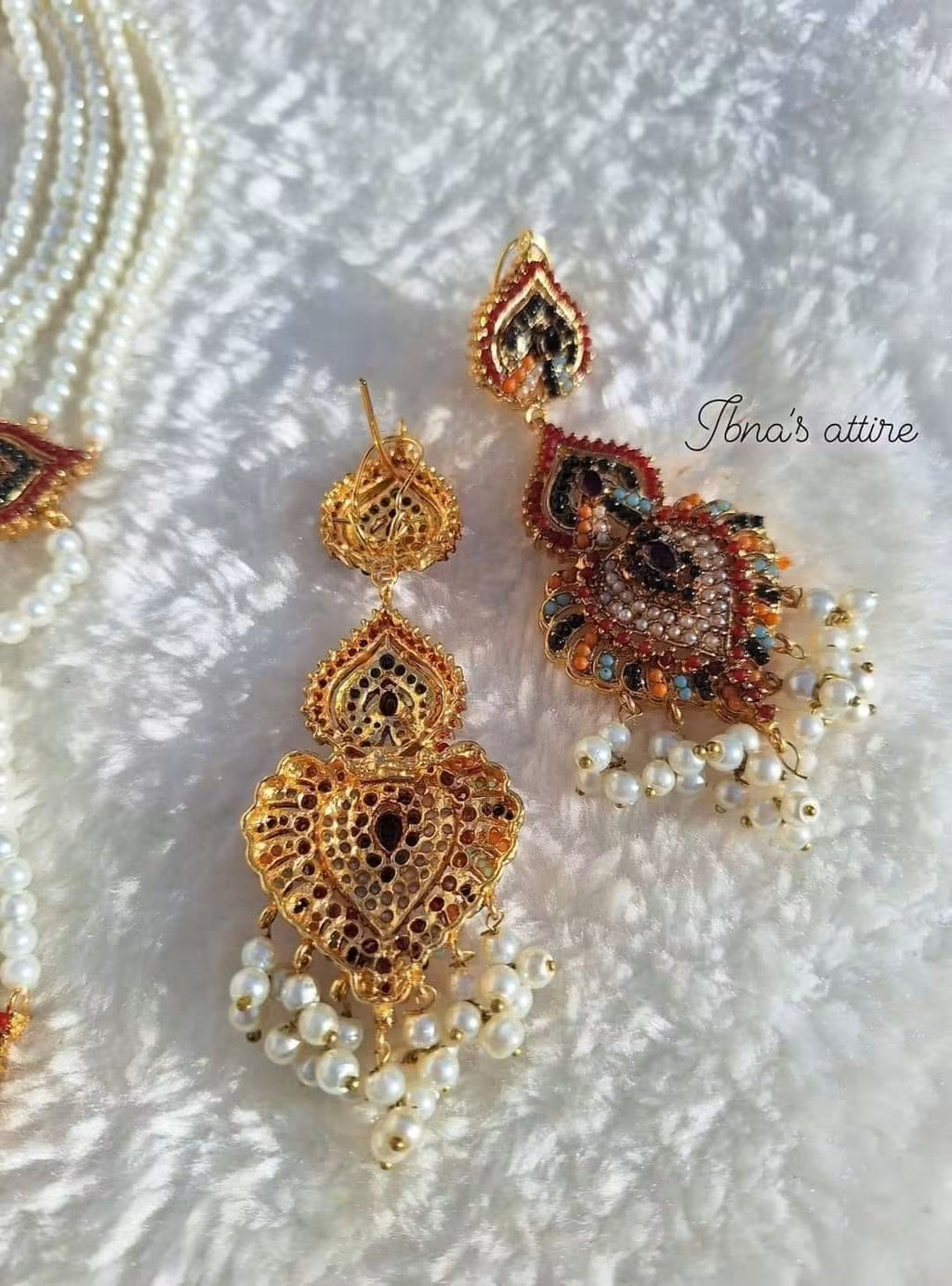 Navratan Multi-Strand Pearl Sita Haar Necklace Set with Matching Statement Earrings
