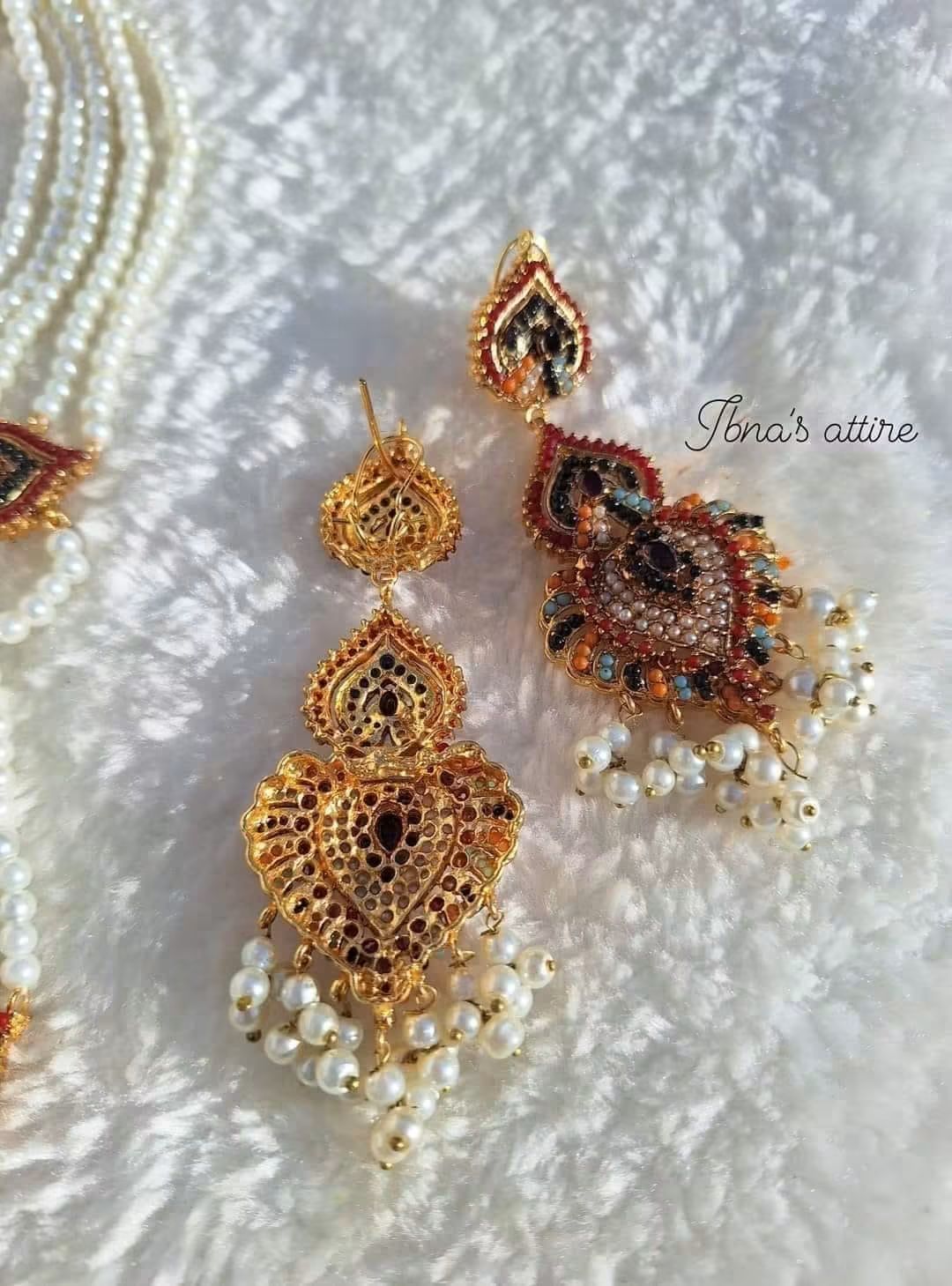Navratan Multi-Strand Pearl Sita Haar Necklace Set with Matching Statement Earrings