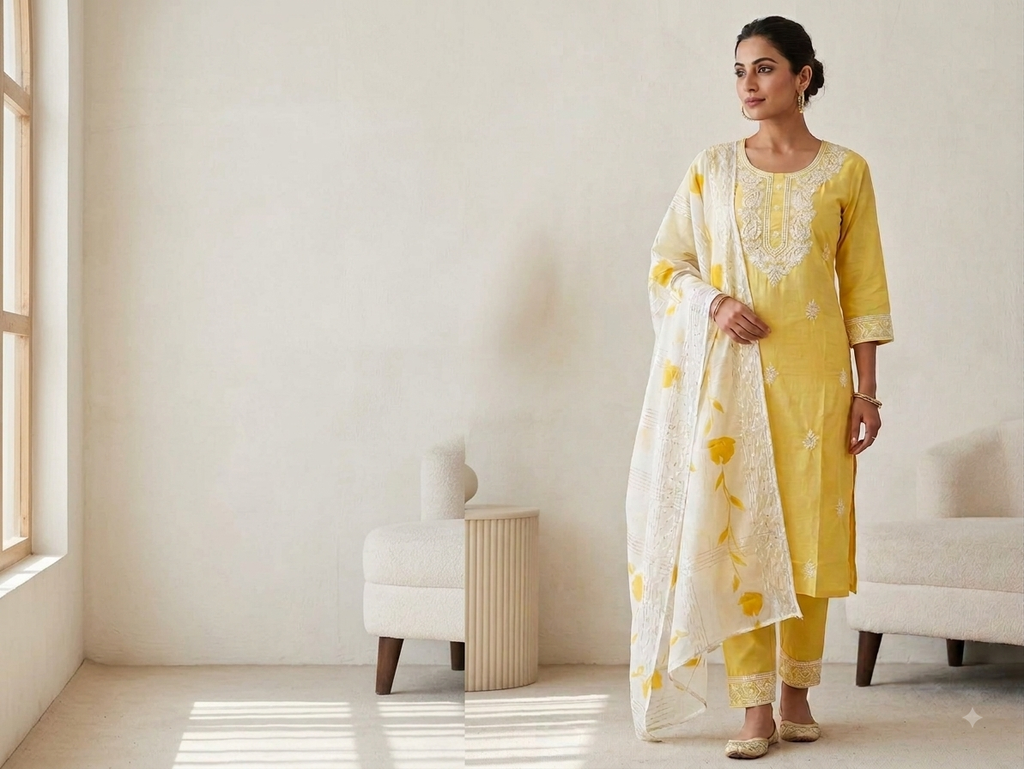 A woman models a traditional Indian outfit consisting of a yellow rayon indian kurta with white embroidery, matching yellow trousers, and a white dupatta with yellow floral motifs, set in a minimalist cream-colored room.