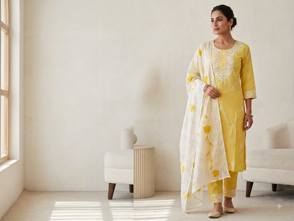 A woman models a traditional Indian outfit consisting of a yellow rayon indian kurta with white embroidery, matching yellow trousers, and a white dupatta with yellow floral motifs, set in a minimalist cream-colored room.