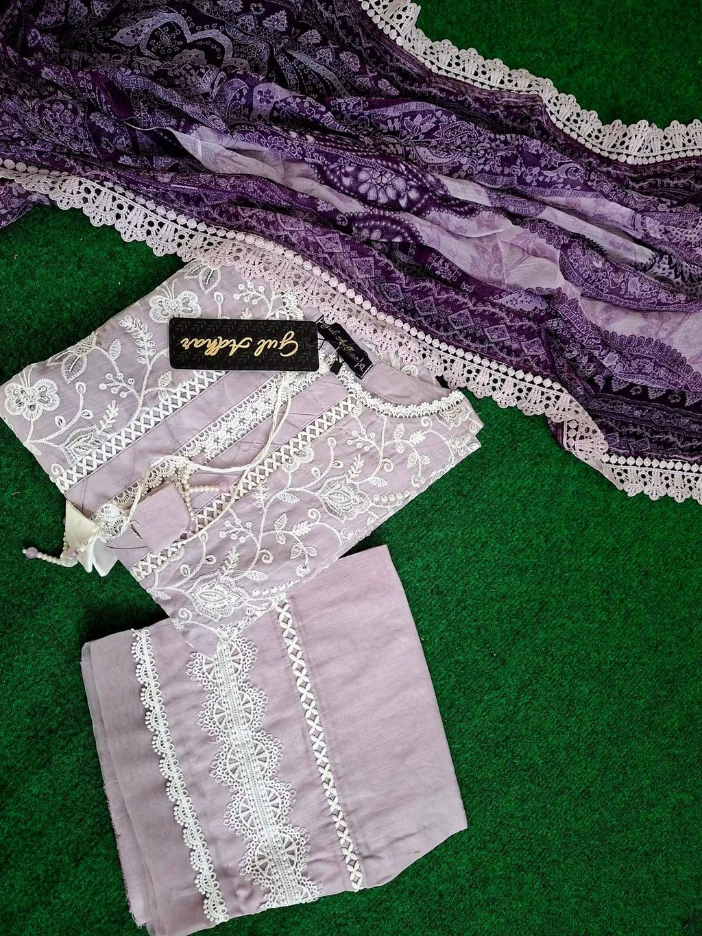 Gul Adhar Soft Lilac Color Luxury Pakistani Slub Lawn Chikankari 3-Piece Suit (Size-48)