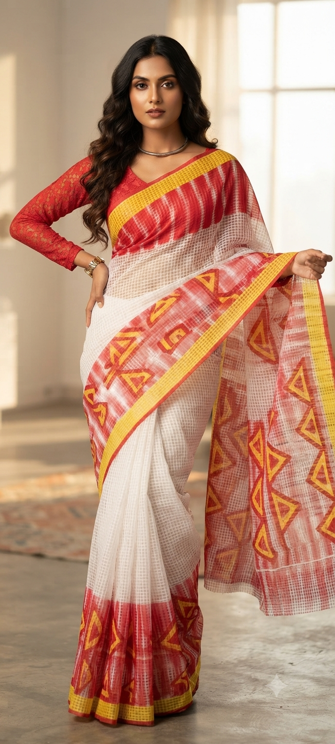 A woman modeling a white kota saree with red and yellow geometric patterns and a red sleeveless blouse, standing in a bright indoor setting.