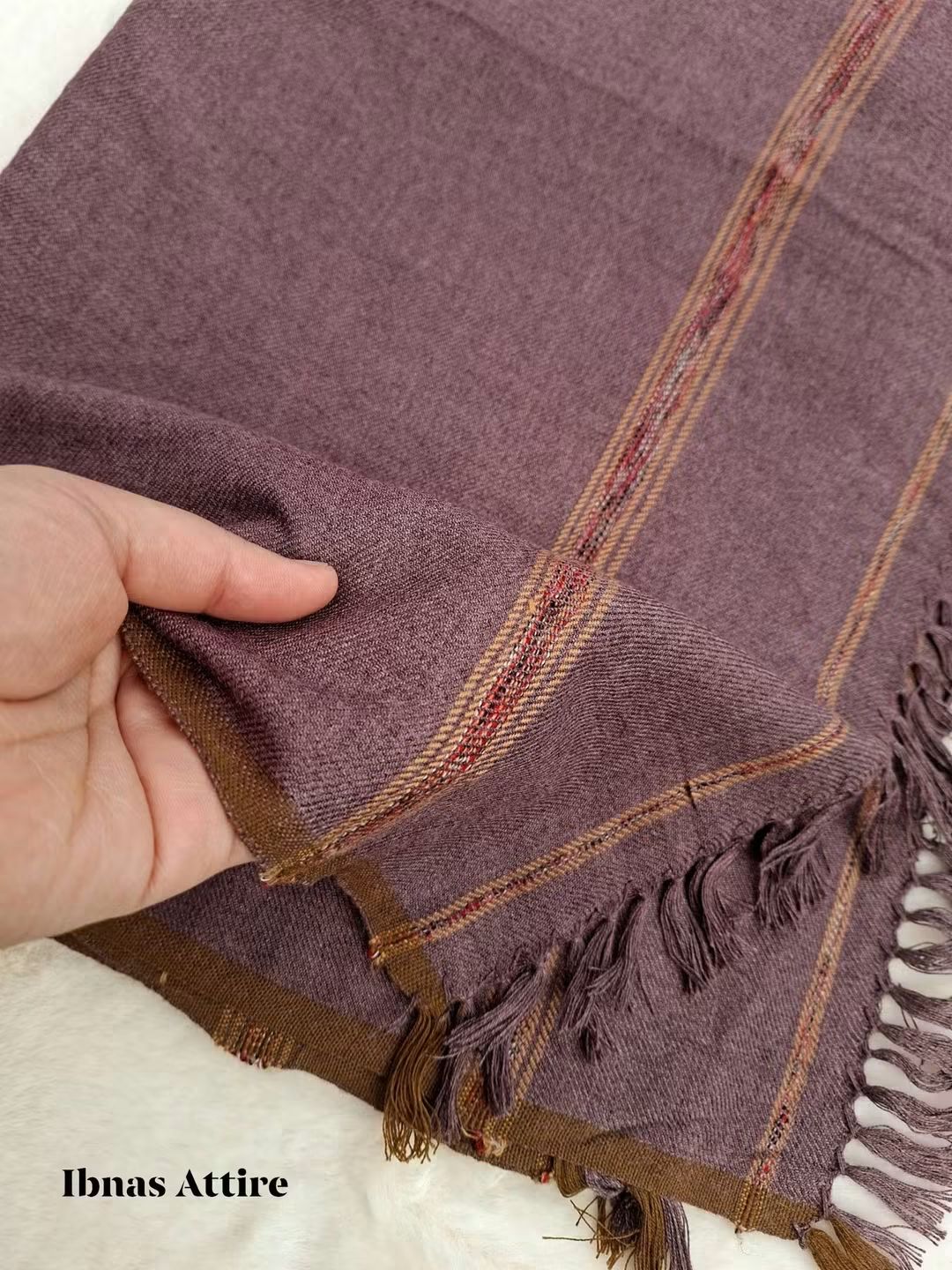 Men's Premium Warm Pashmina Winter Wool Shawl | Brown-Purple with Woven Border & Tassels (250×130 cm)