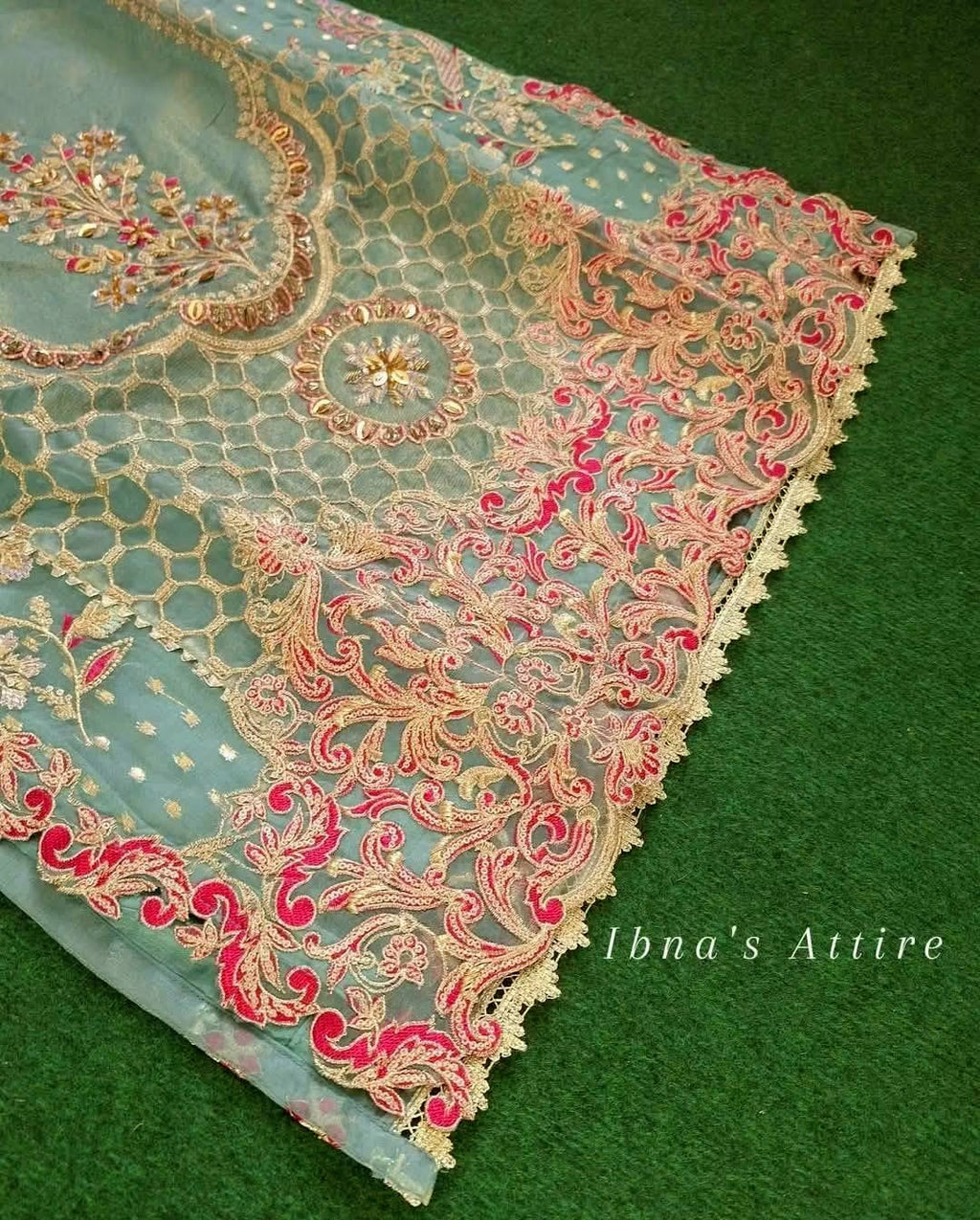 Zahar Rubab Designer Pakistani Eid Outfit | Acqua Blue- Masoor Kurta with Net Dupatta & Banarasi Gharara (Size-42)